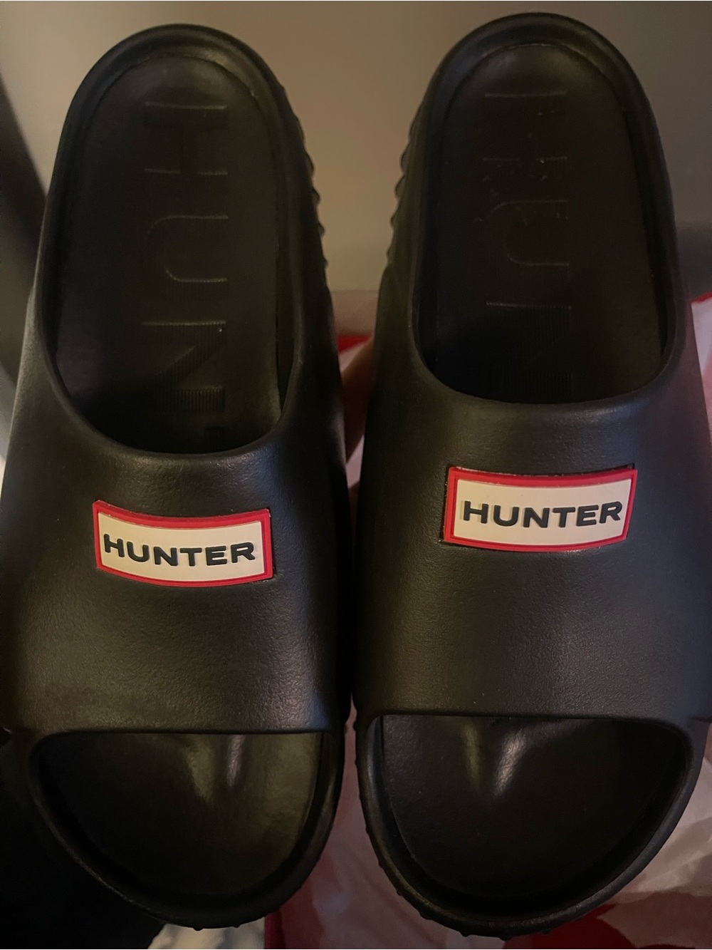 Hunter Black Slide Sandals with Red-Trim Logo - Picture 2 of 7